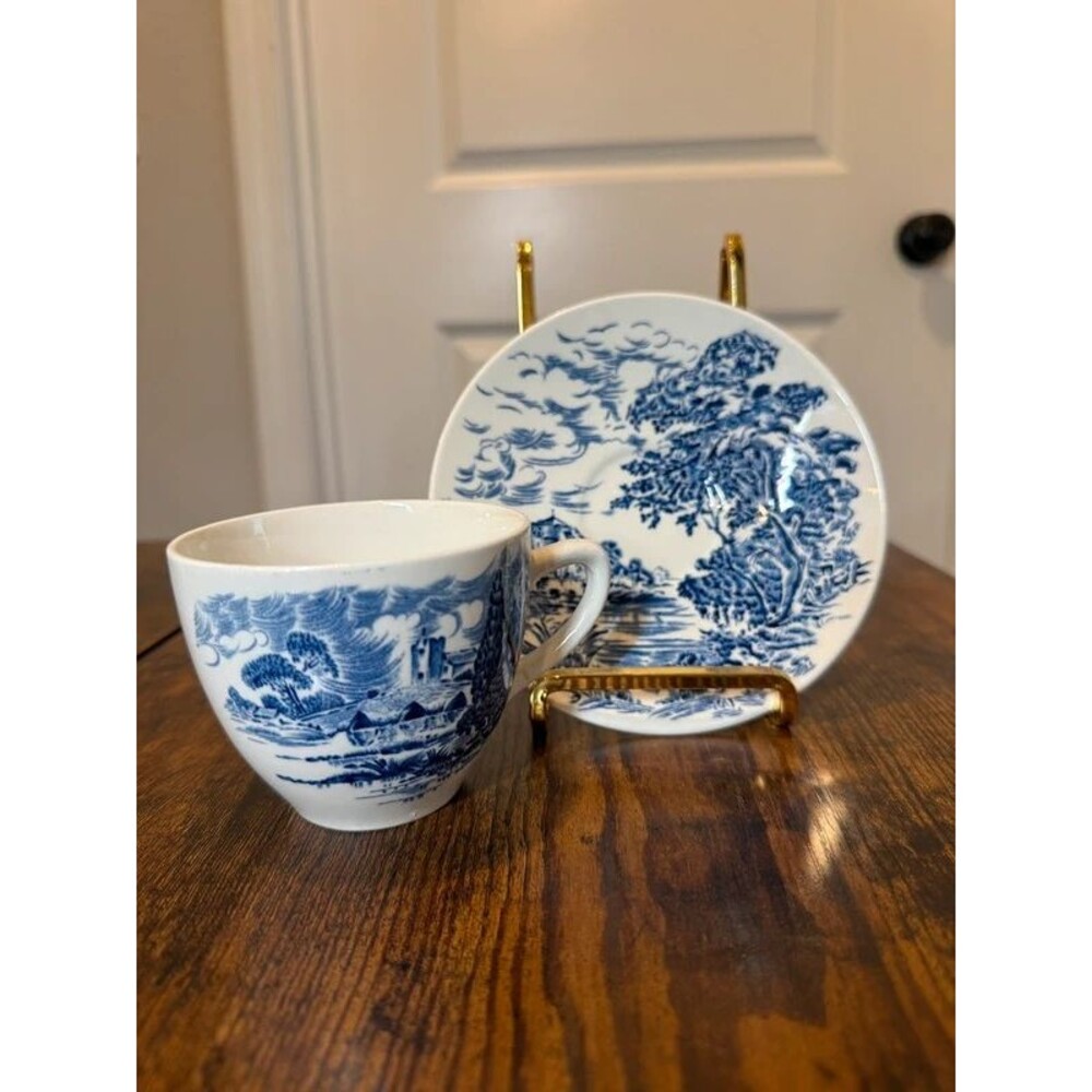 Vintage Wedgwood & Co Countryside Blue White 4 Cups 2 Saucers England Transferwa
